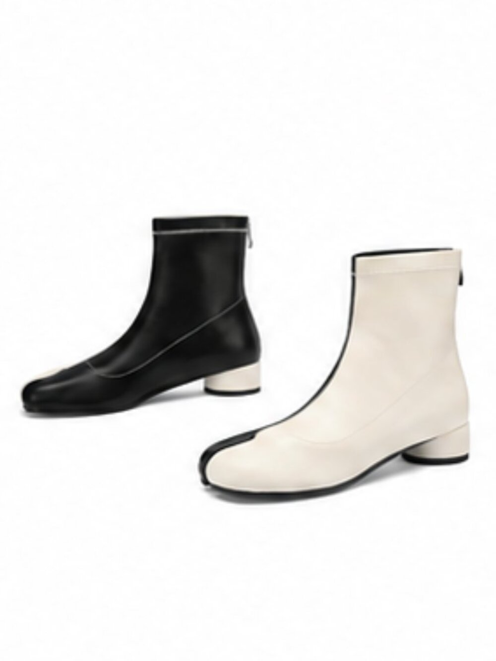 Split Toe Ankle Boots Women Tabi Shoes Low Chunky Heels Bootie-Beige & Black